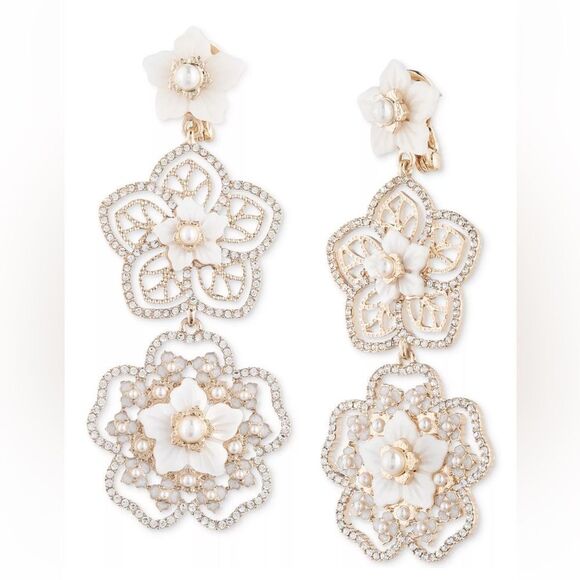 Marchesa Gold-Tone Mother of Pearl, Imitation Pearl, & Crystal Flower Drop Earri - Picture 1 of 6